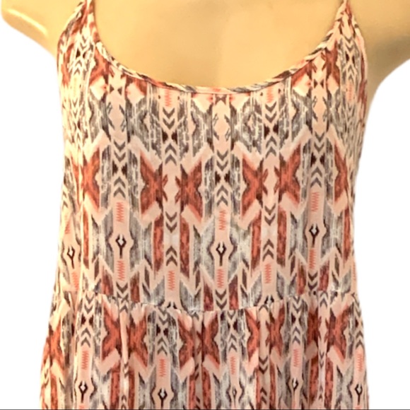 Boho Aztec Chevron Arrow Flowy Light Spaghetti Strap Midi Dress Pink Peach - Picture 2 of 6